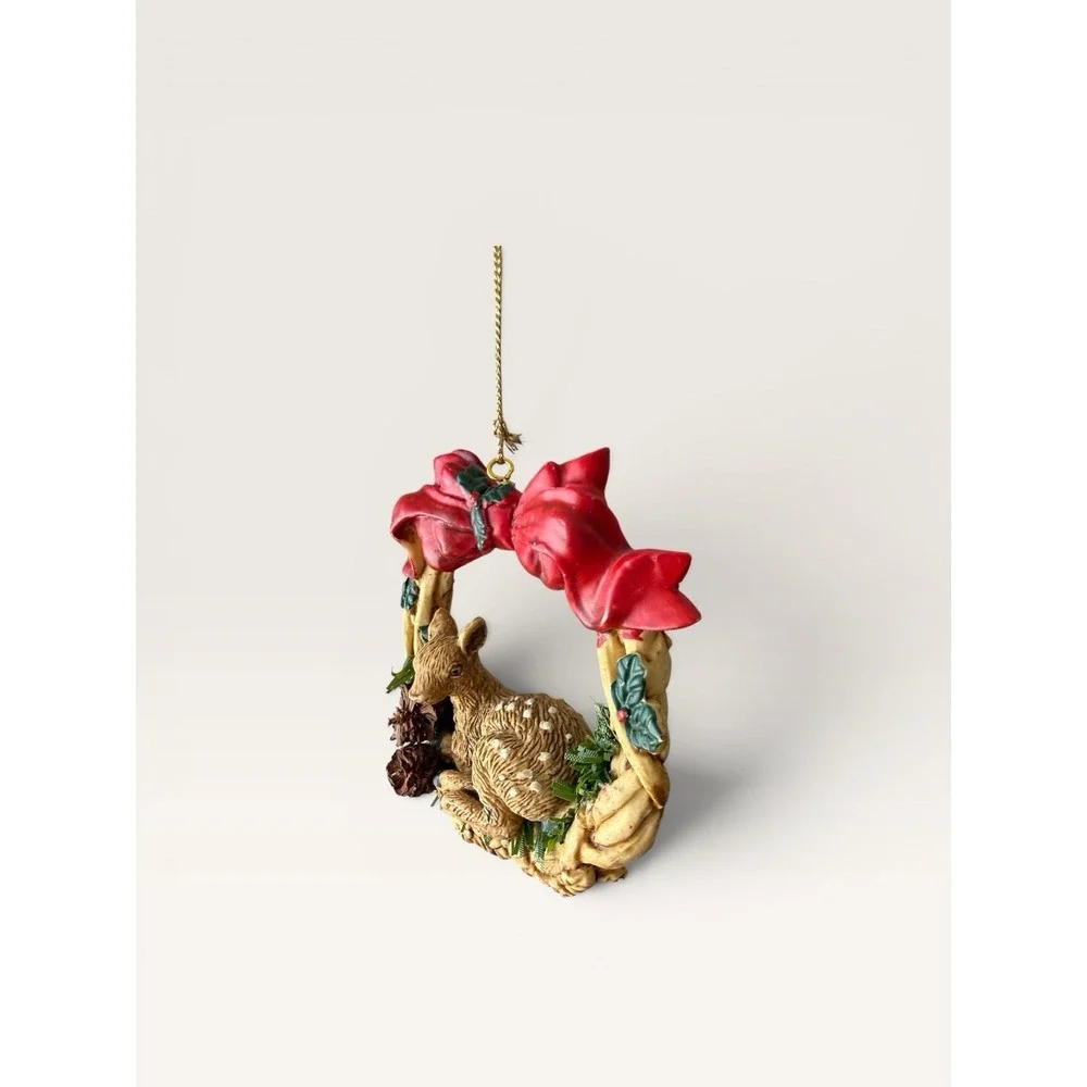 Silvestri Deer Fawn Wreath Ornament Christmas Tree Holiday Red Bow Resin Vintage